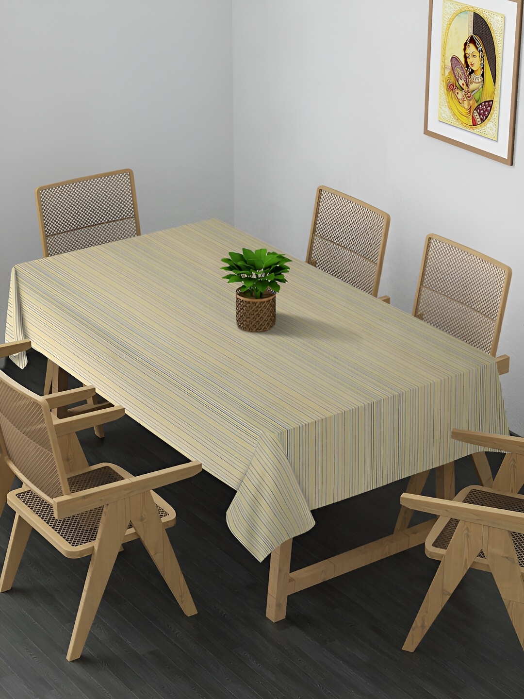 

KLOTTHE Beige Striped Cotton 6-Seater Table Cover