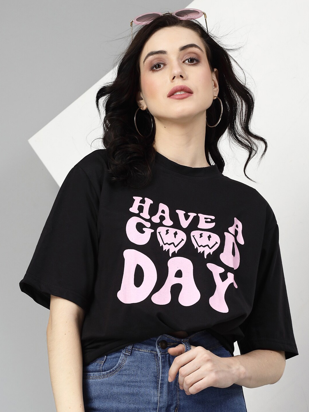 

Popster Round Neck Typography Printed Cotton Oversized Crop T-shirt, Black