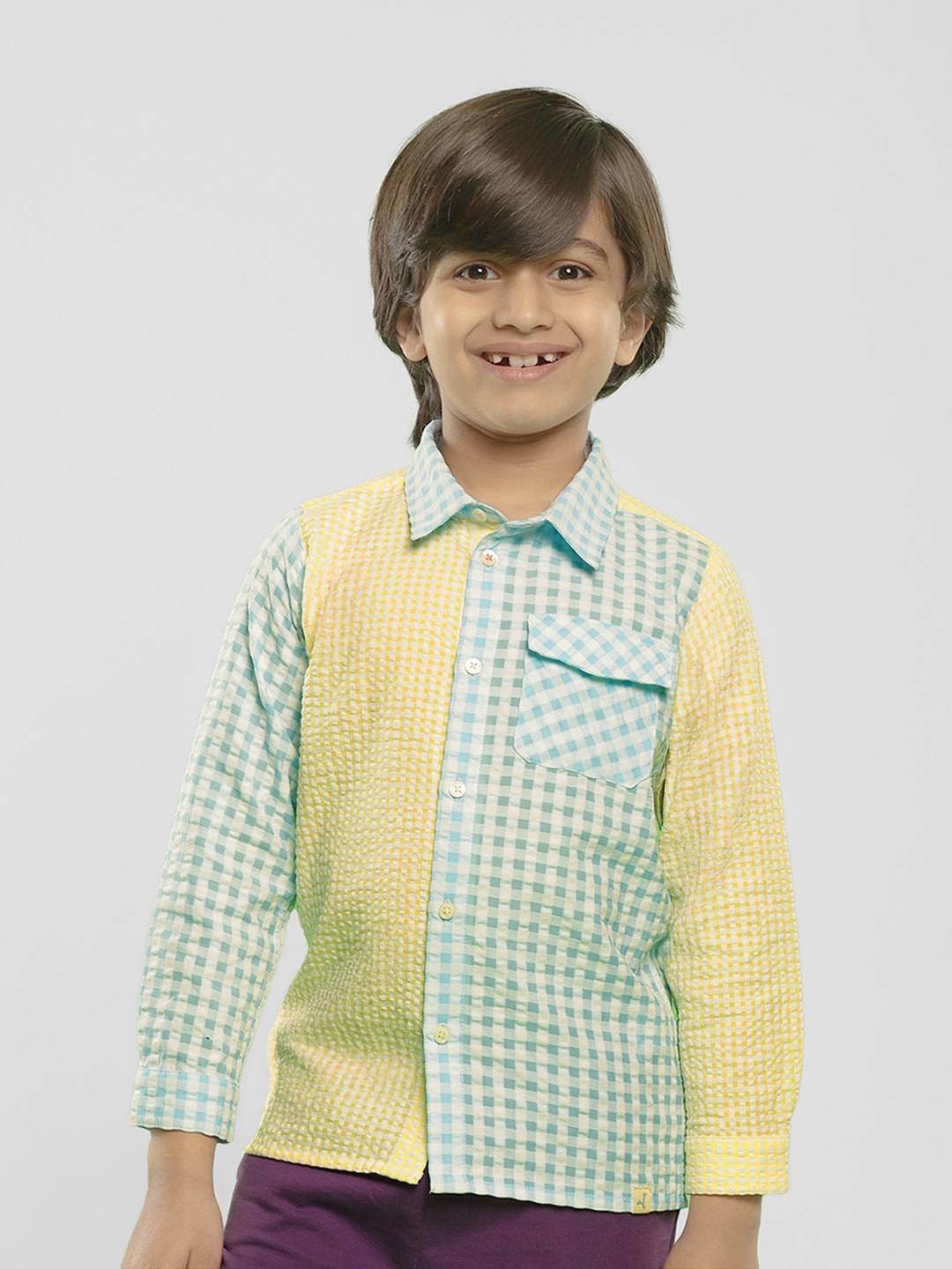 

Somersault Boys Gingham Checks Long Sleeves Spread Collar Opaque Checked Casual Shirt, Blue