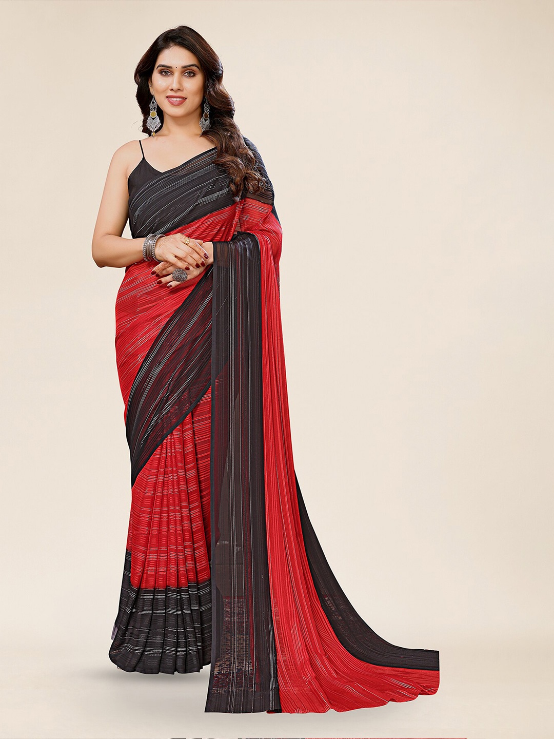 

Moda Rapido Striped Satin Saree, Red