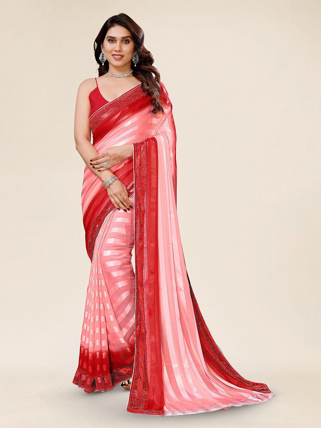 

ANAND SAREES Striped Embellished Saree, Pink