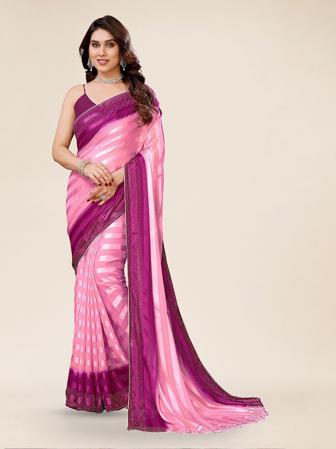 

ANAND SAREES Striped Embellished Saree, Pink