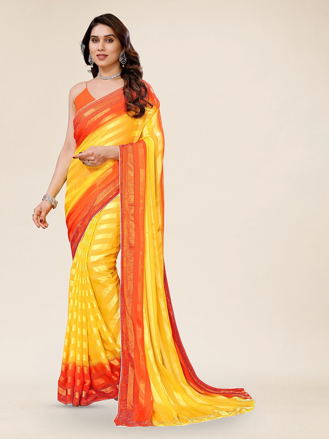 

ANAND SAREES Striped Embellished Saree, Yellow
