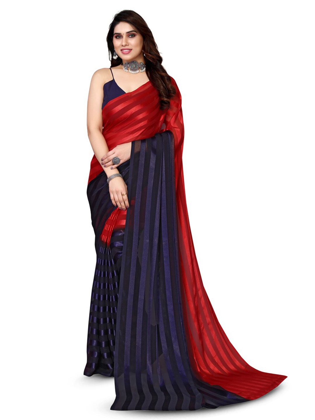 

Moda Rapido Striped Embellished Satin Saree, Red