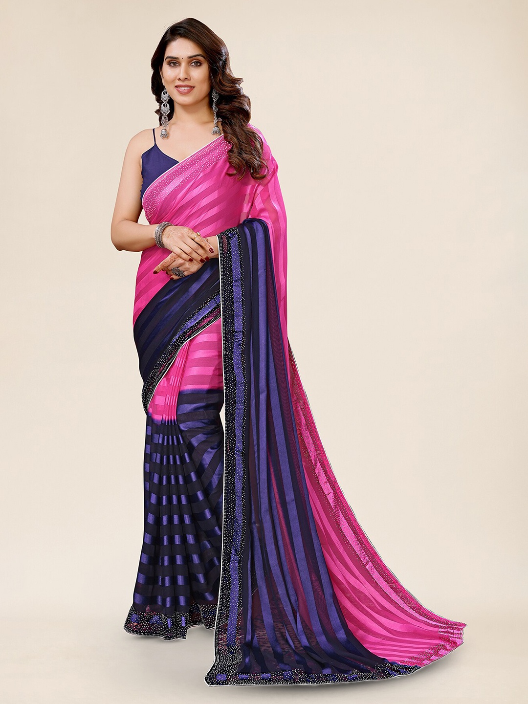 

ANAND SAREES Striped Embellished Saree, Pink