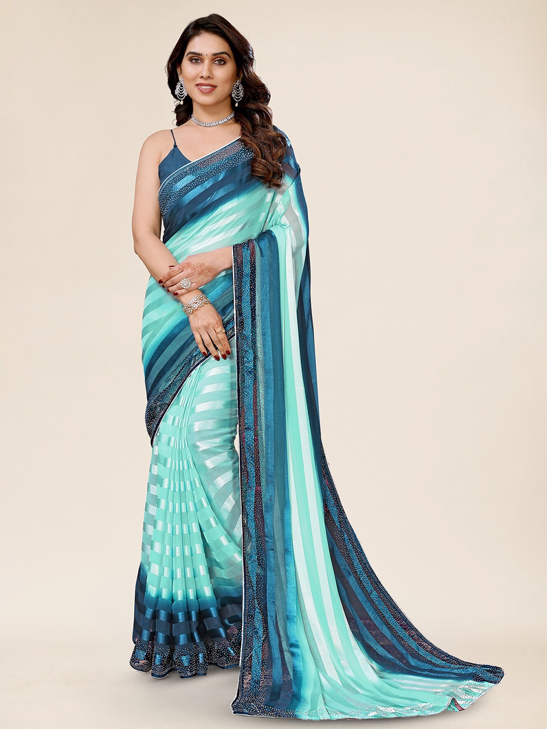 

ANAND SAREES Striped Embellished Satin Saree, Blue