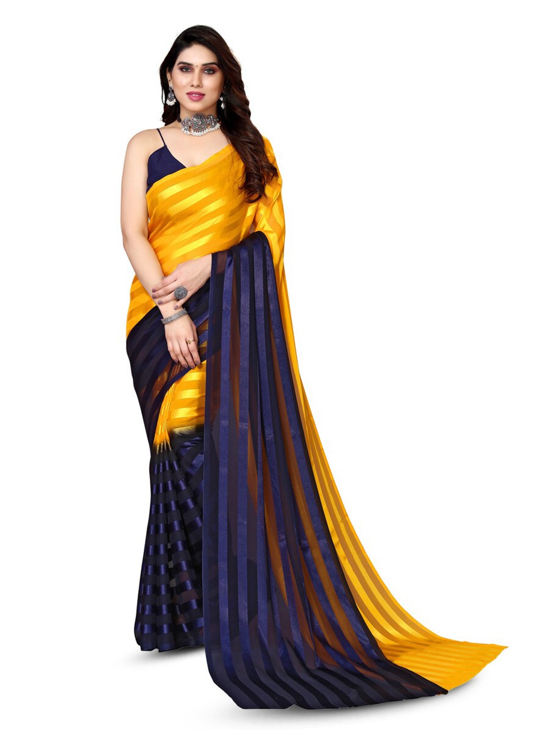 

Moda Rapido Striped Satin Saree, Blue