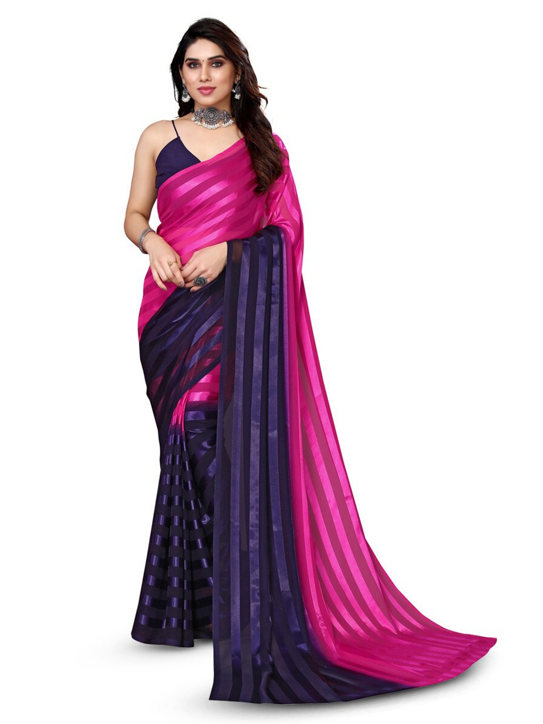 

Moda Rapido Striped Satin Saree, Black