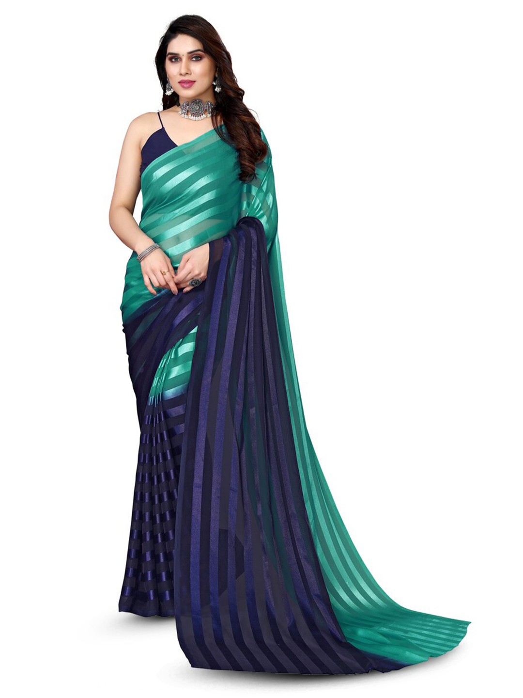 

ANAND SAREES Striped Satin Saree, Blue