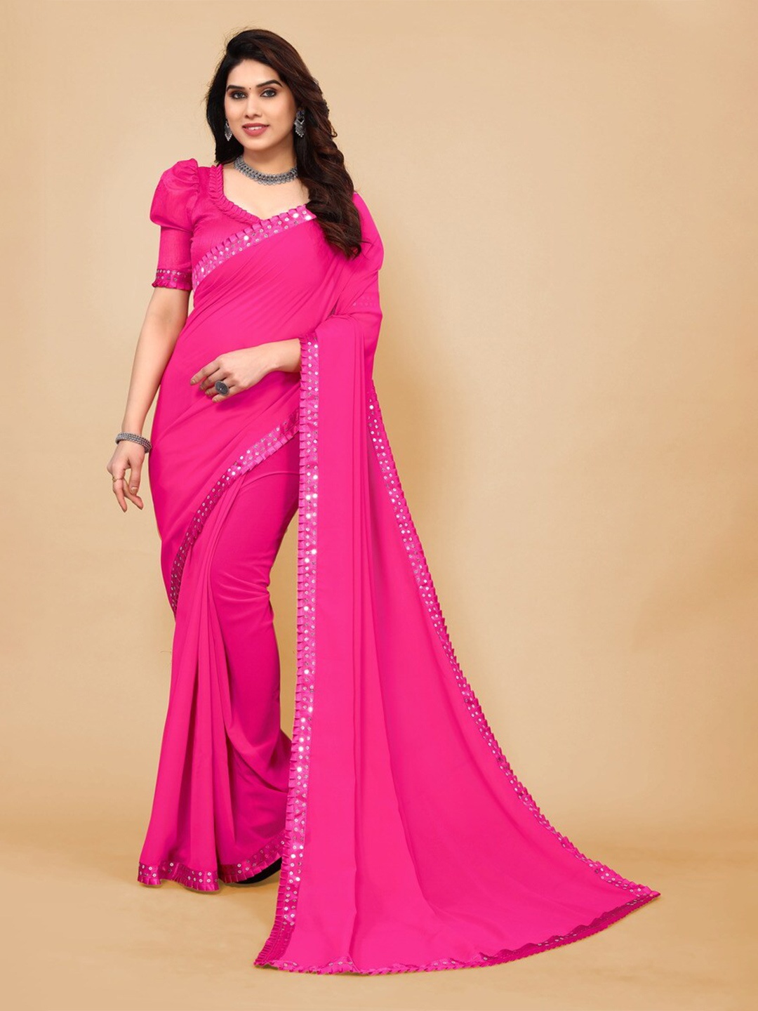 

ANAND SAREES Sequinned Satin Saree, Pink