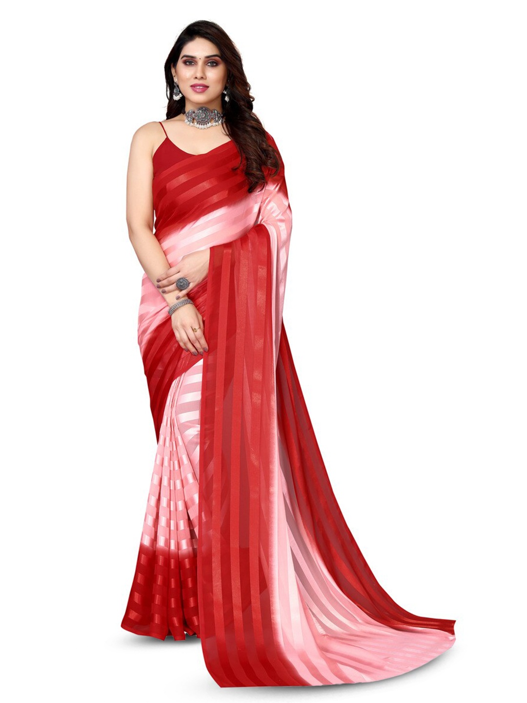 

ANAND SAREES Striped Satin Saree, Pink