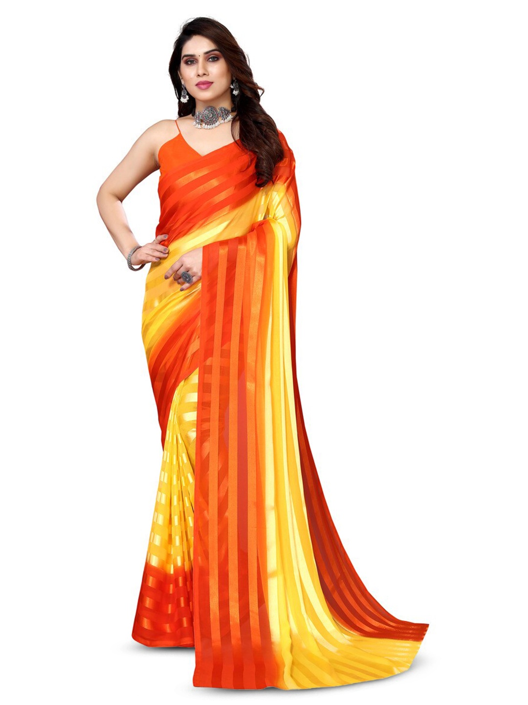 

ANAND SAREES Striped Satin Saree, Yellow