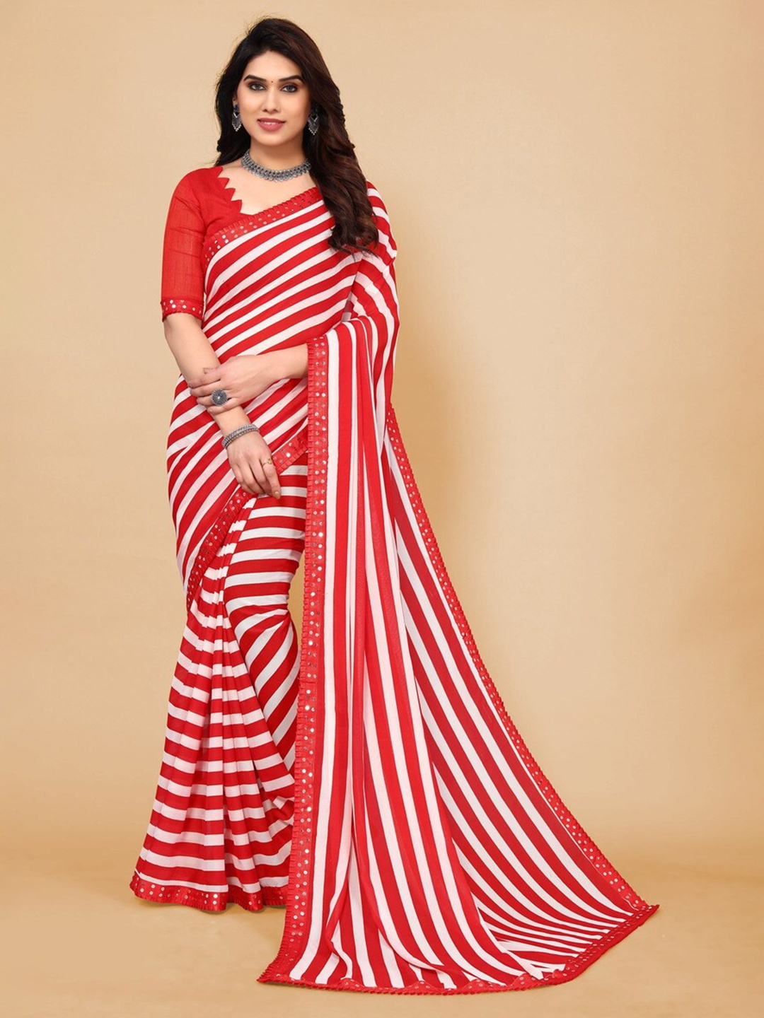 

ANAND SAREES Striped Mirror Work Satin Saree, Red