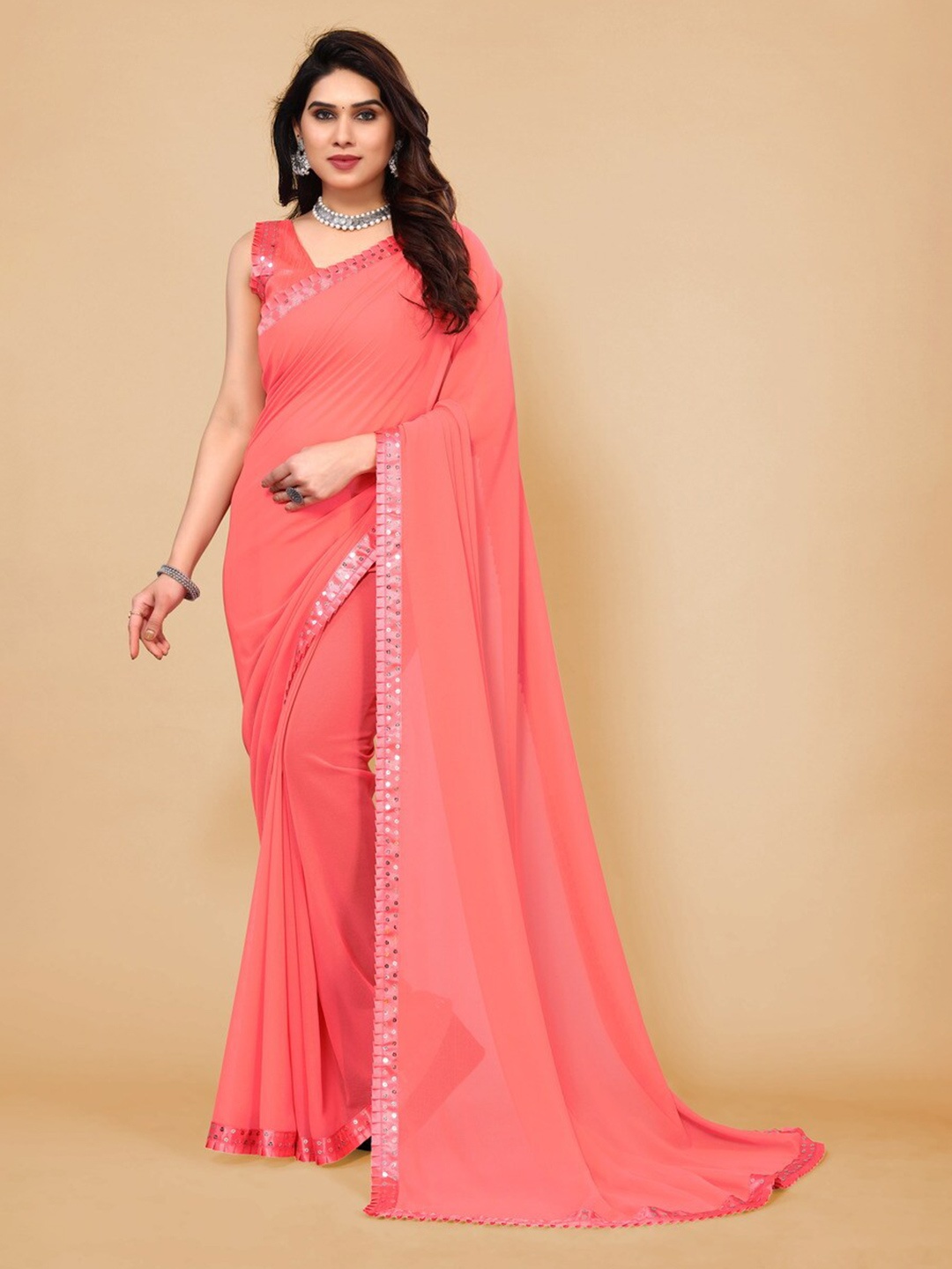 

ANAND SAREES Embellished Sequinned Satin Saree, Peach