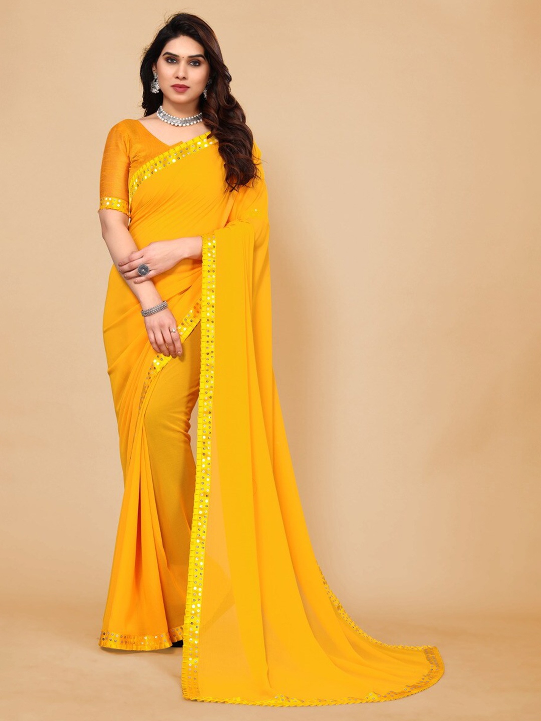 

Moda Rapido Embellished Mirror Work Satin Saree, Yellow