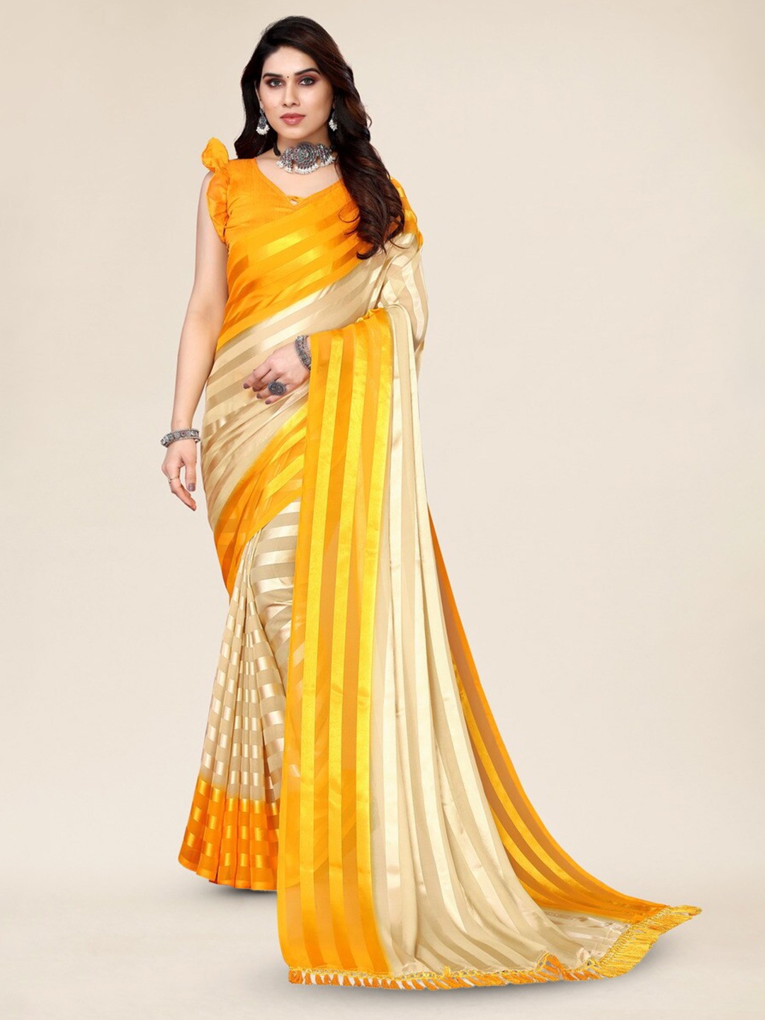 

Moda Rapido Striped Satin Saree, Cream