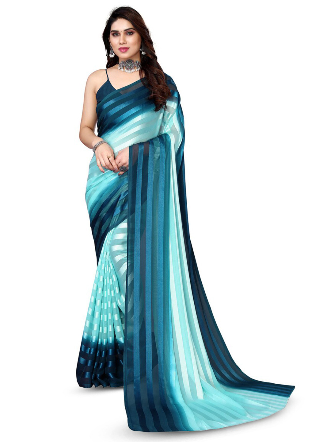 

ANAND SAREES Striped Satin Saree, Blue