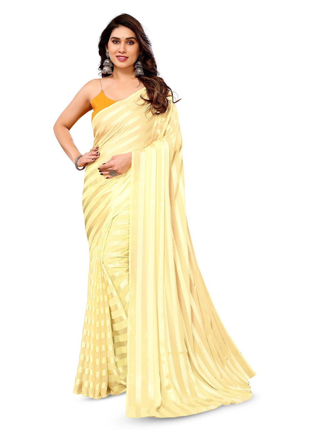 

Moda Rapido Striped Satin Saree, Cream