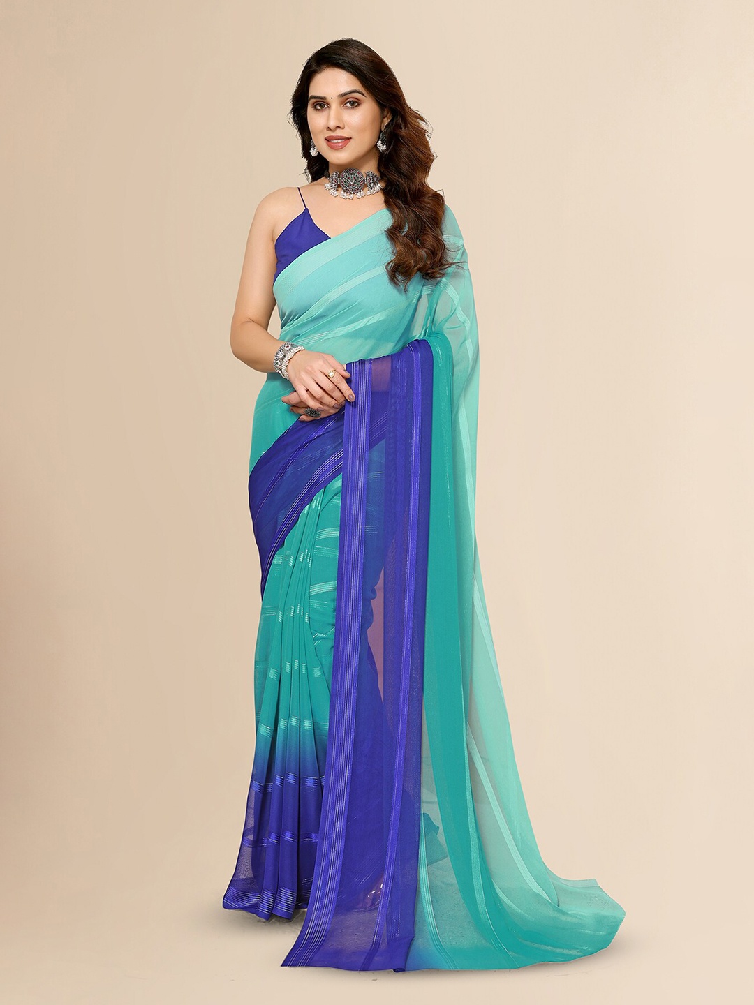 

ANAND SAREES Ombre Striped Satin Saree, Blue