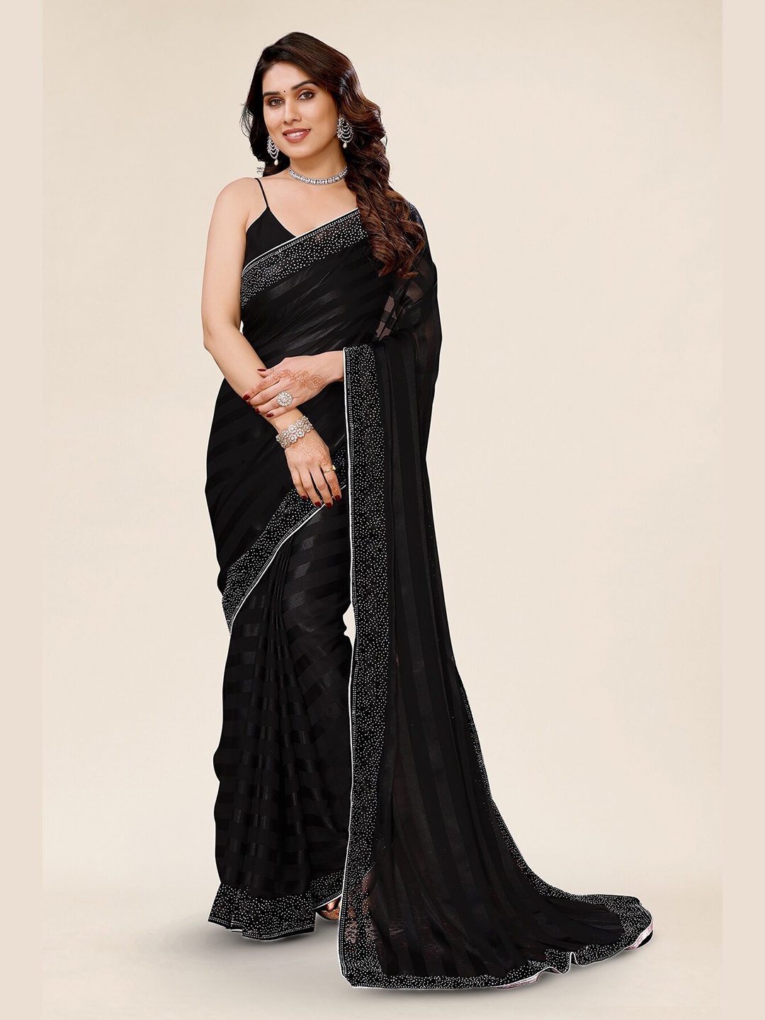 

ANAND SAREES Striped Embellished Beads and Stones Saree, Black