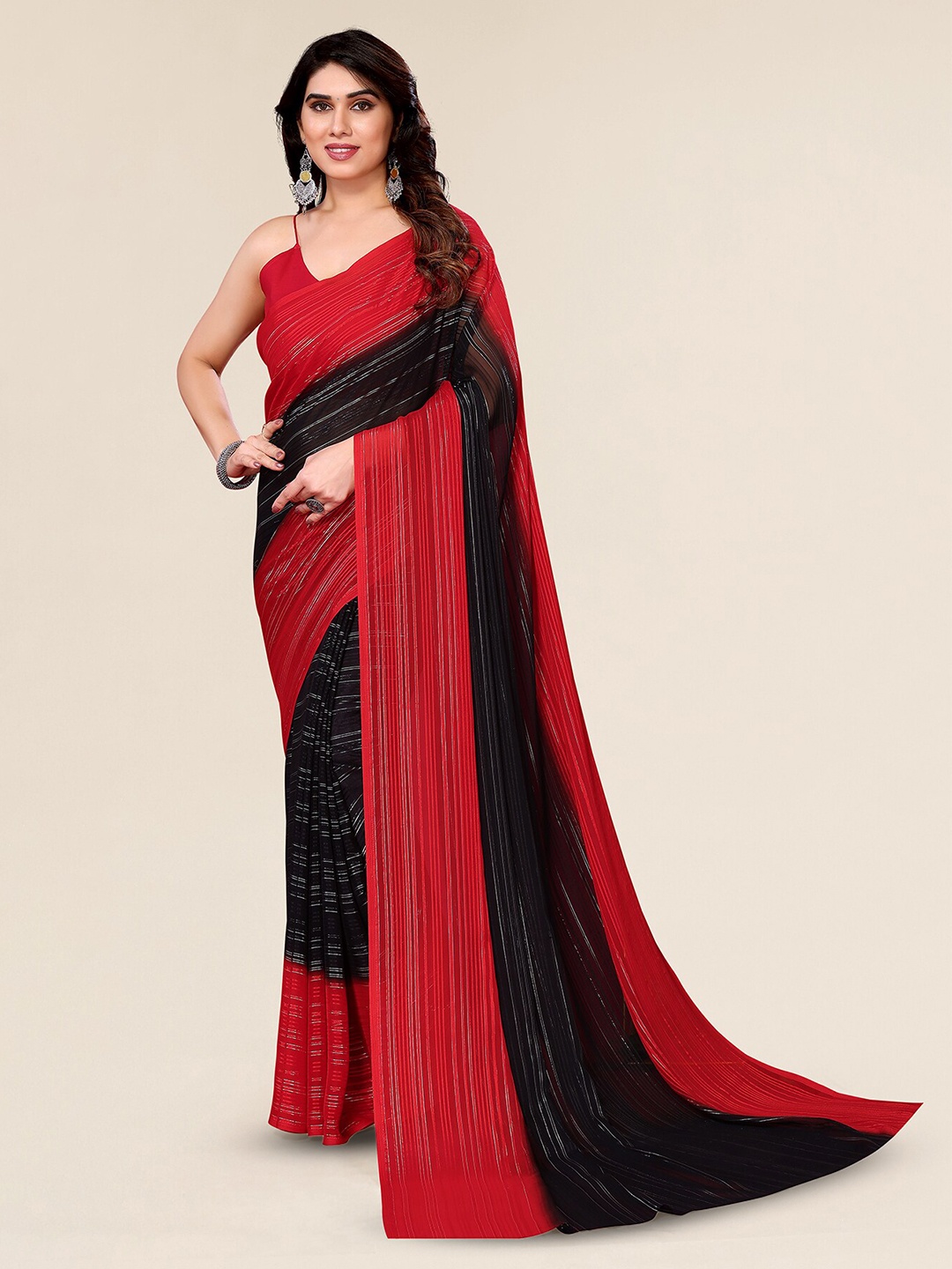 

Moda Rapido Colourblocked Striped Zari Satin Saree, Red