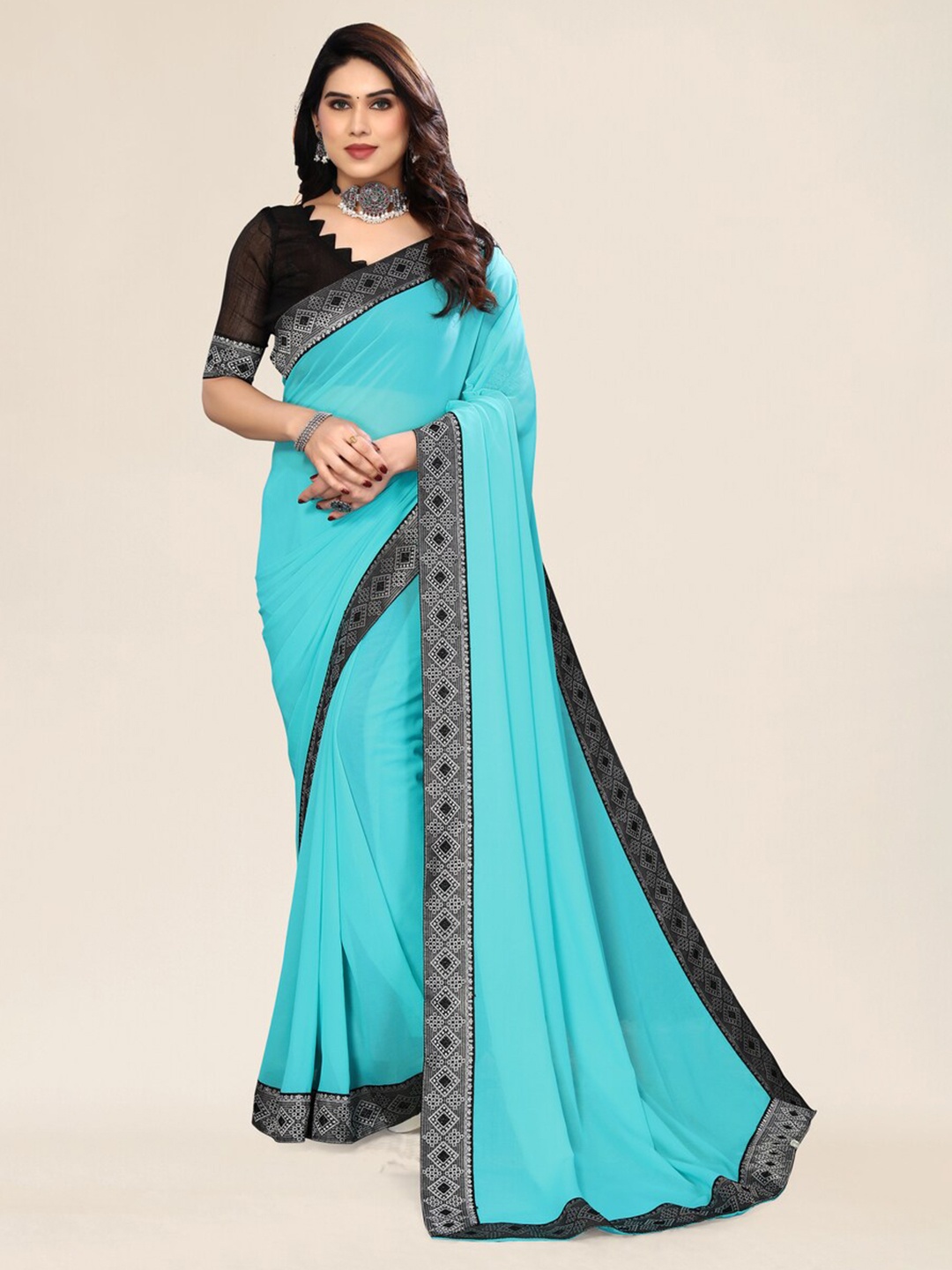 

ANAND SAREES Zari Satin Saree, Black