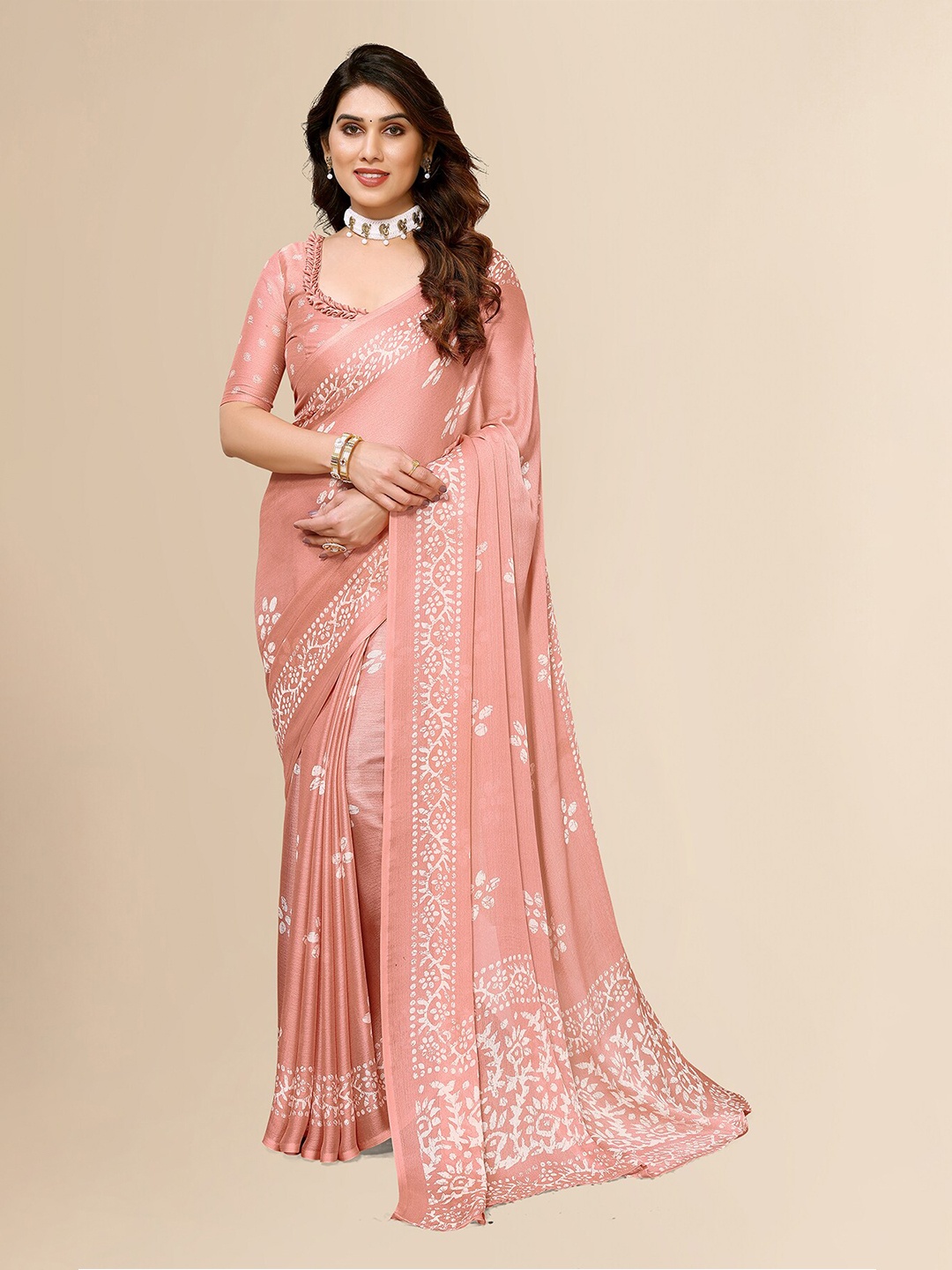 

ANAND SAREES Ethnic Motifs Satin Saree, Peach