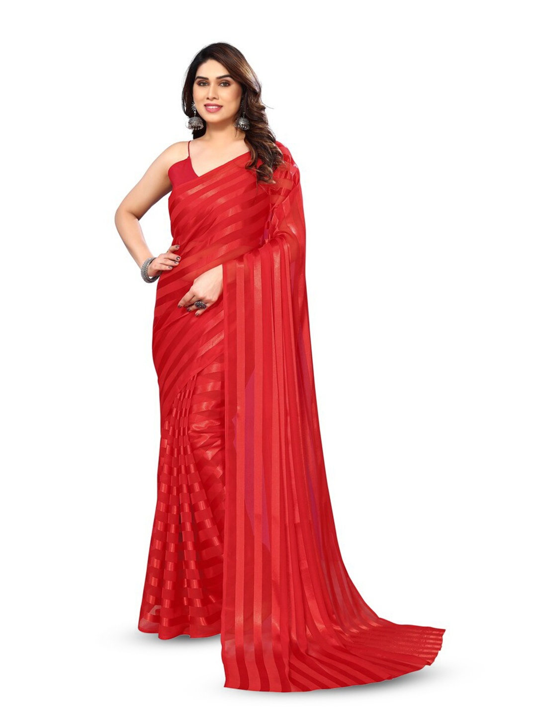 

ANAND SAREES Striped Satin Saree, Red