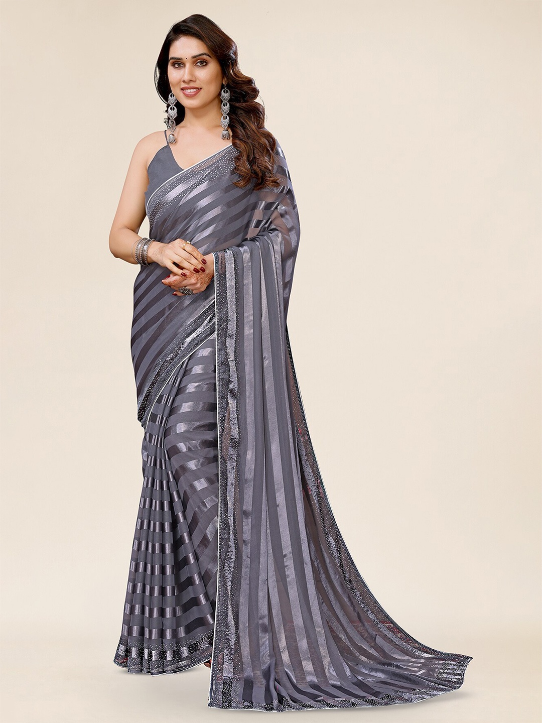 

ANAND SAREES Striped Satin Saree, Blue