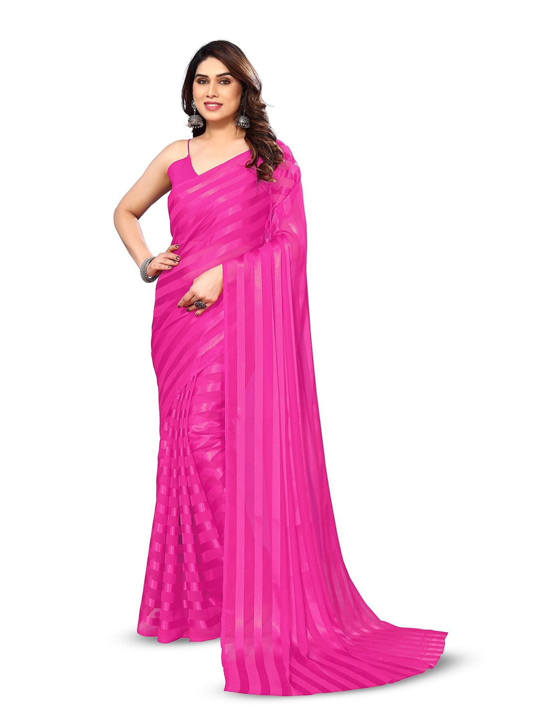 

ANAND SAREES Striped Satin Saree, Pink