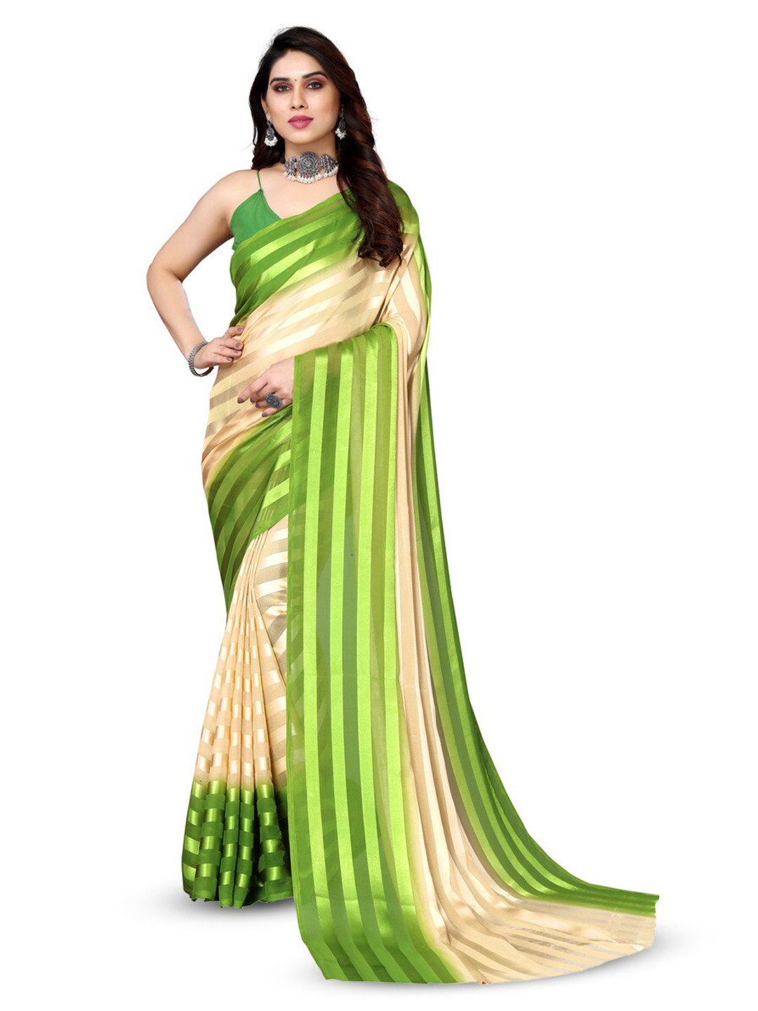

ANAND SAREES Striped Satin Saree, Green