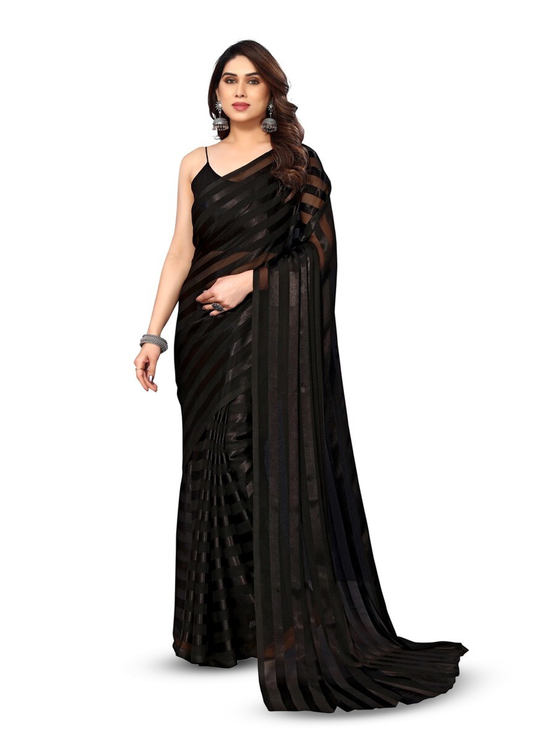 

ANAND SAREES Striped Satin Saree, Black