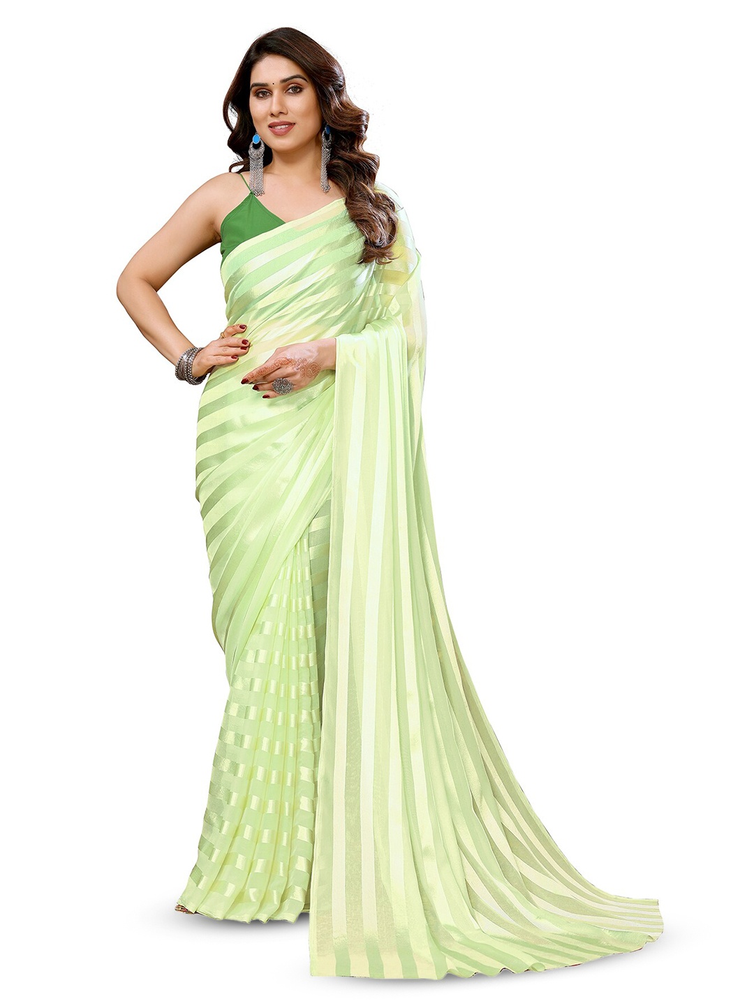 

Moda Rapido Striped Satin Saree, Green