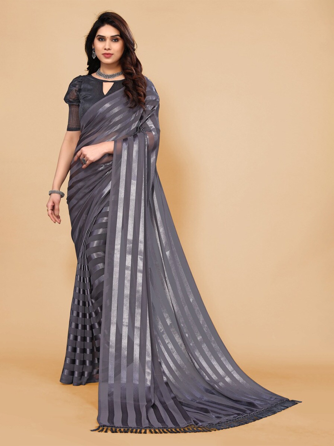 

Moda Rapido Striped Satin Saree, Grey