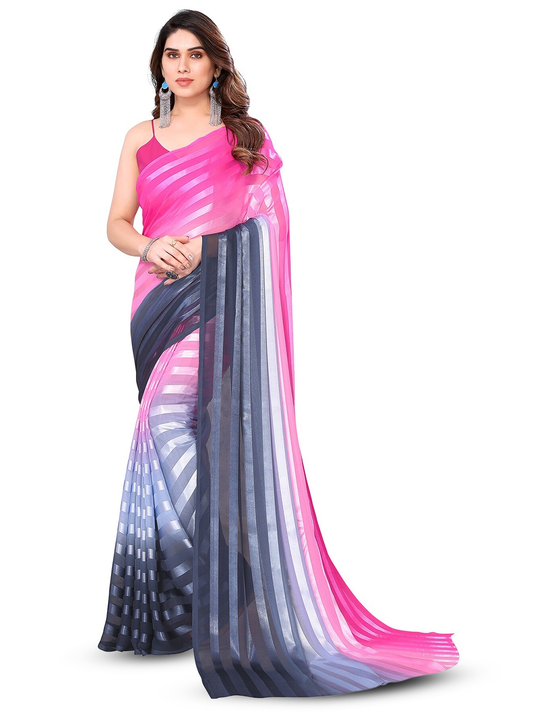 

Moda Rapido Striped Satin Saree, Pink