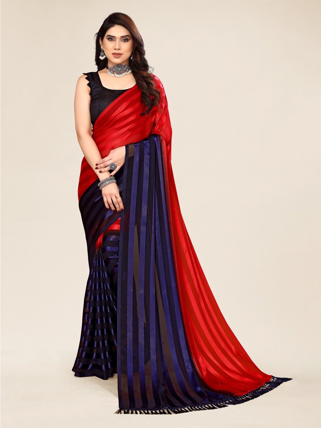 

Moda Rapido Striped Satin Saree, Blue