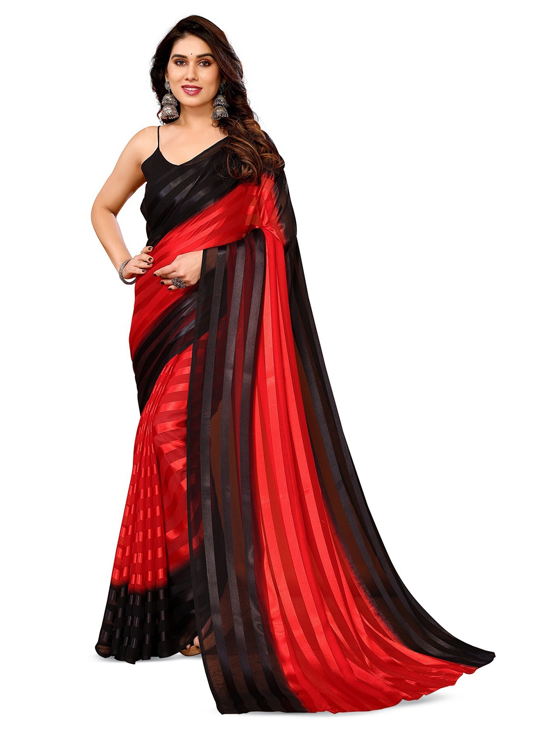 

ANAND SAREES Striped Satin Saree, Red