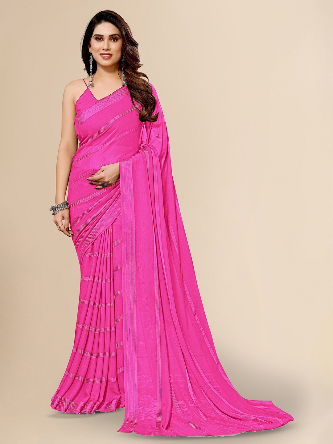 

ANAND SAREES Striped Satin Saree, Pink