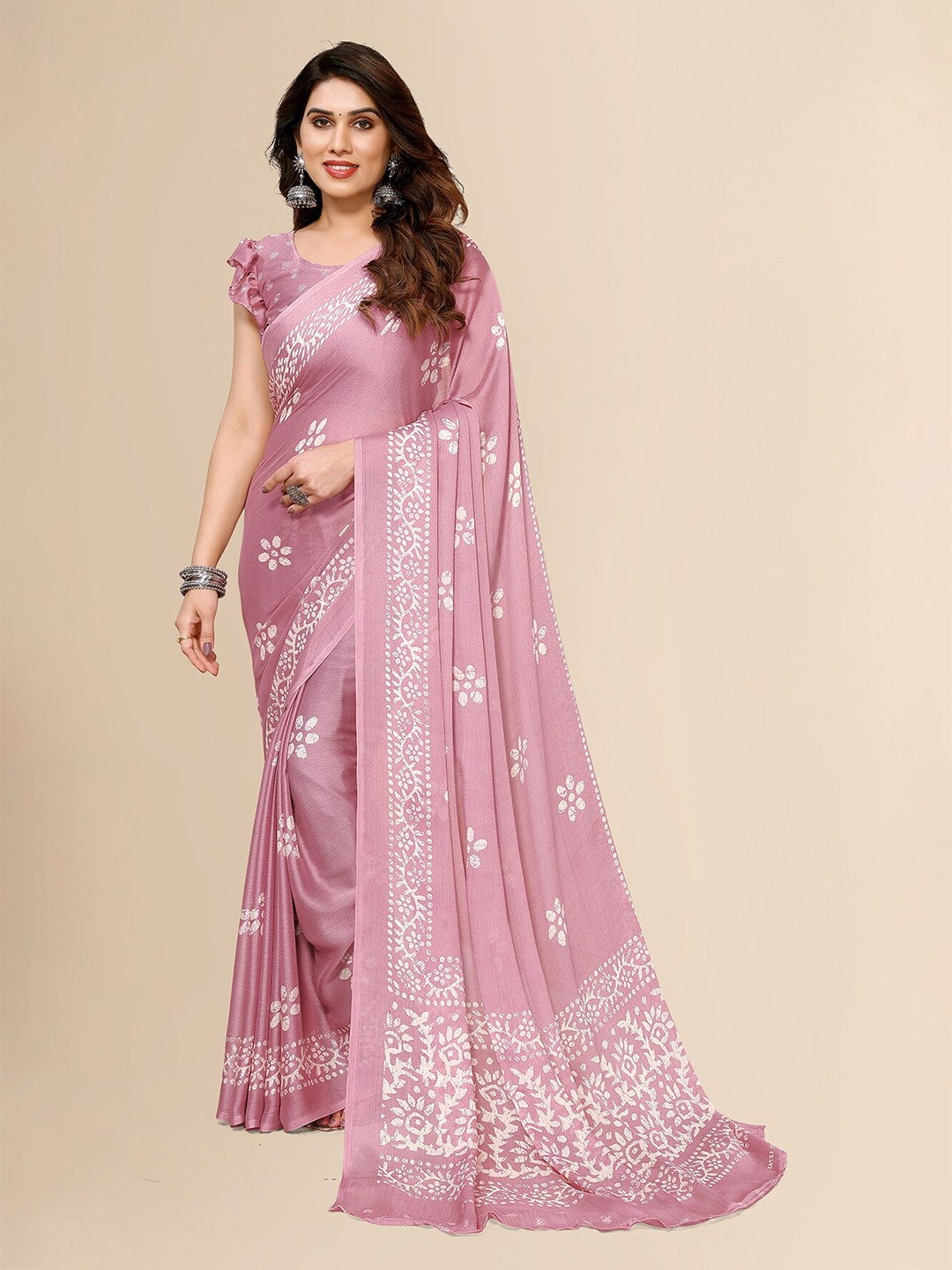 

ANAND SAREES Floral Printed Satin Saree, Pink