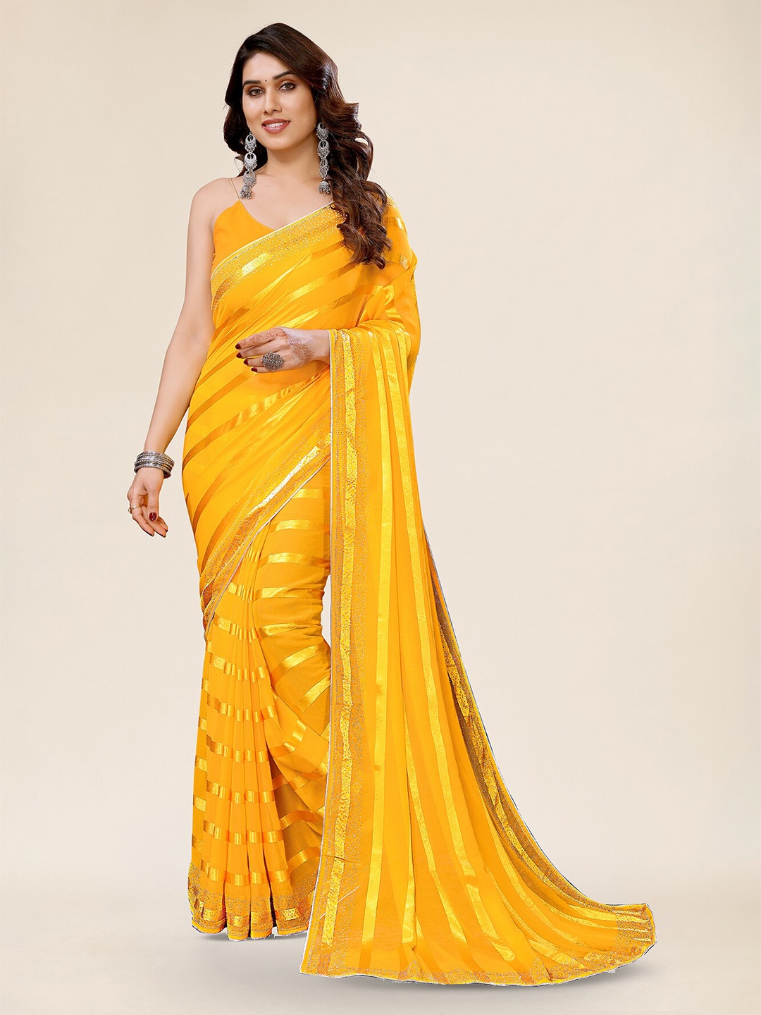 

ANAND SAREES Striped Saree, Yellow
