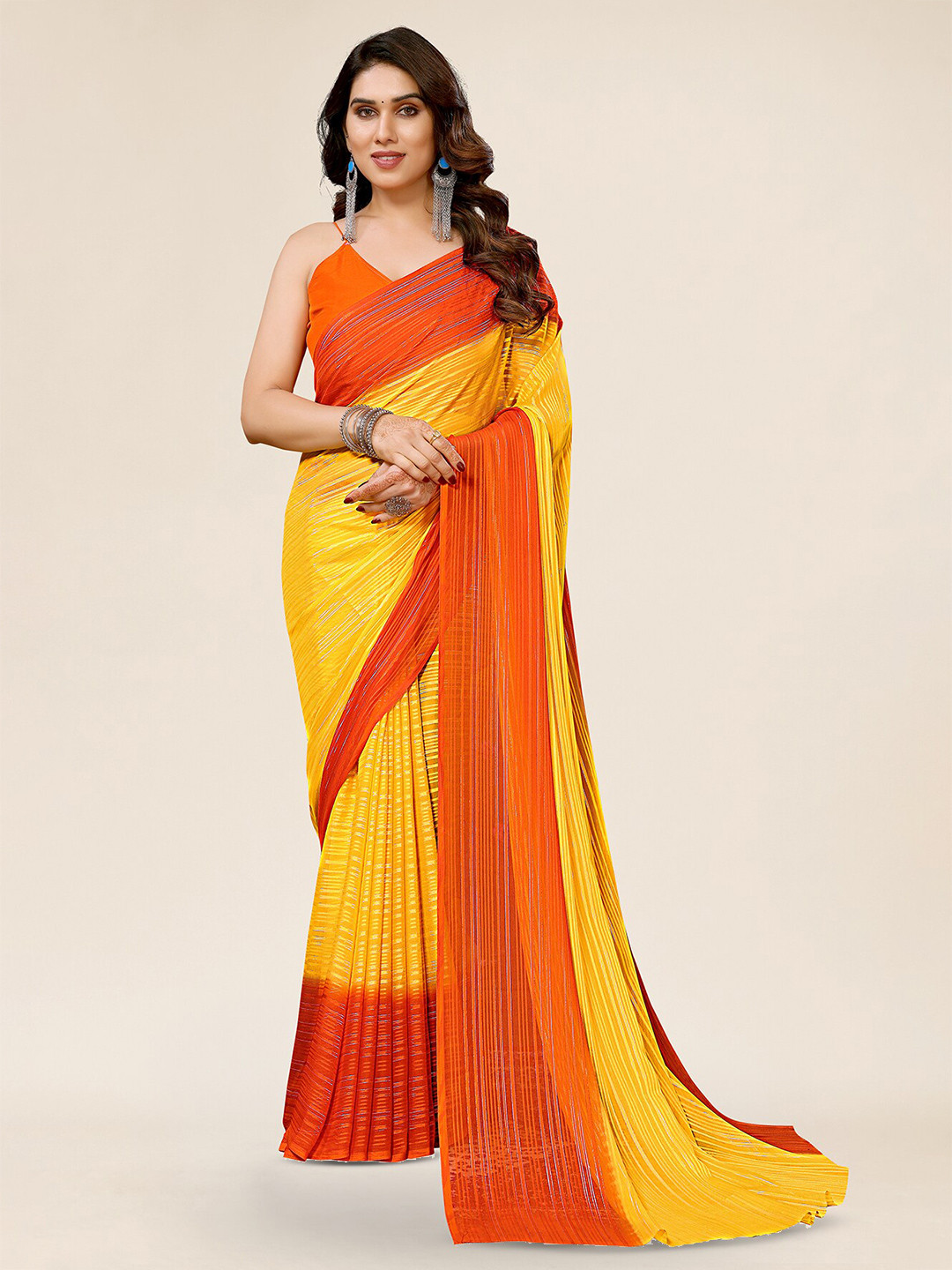 

Moda Rapido Striped Satin Saree, Orange