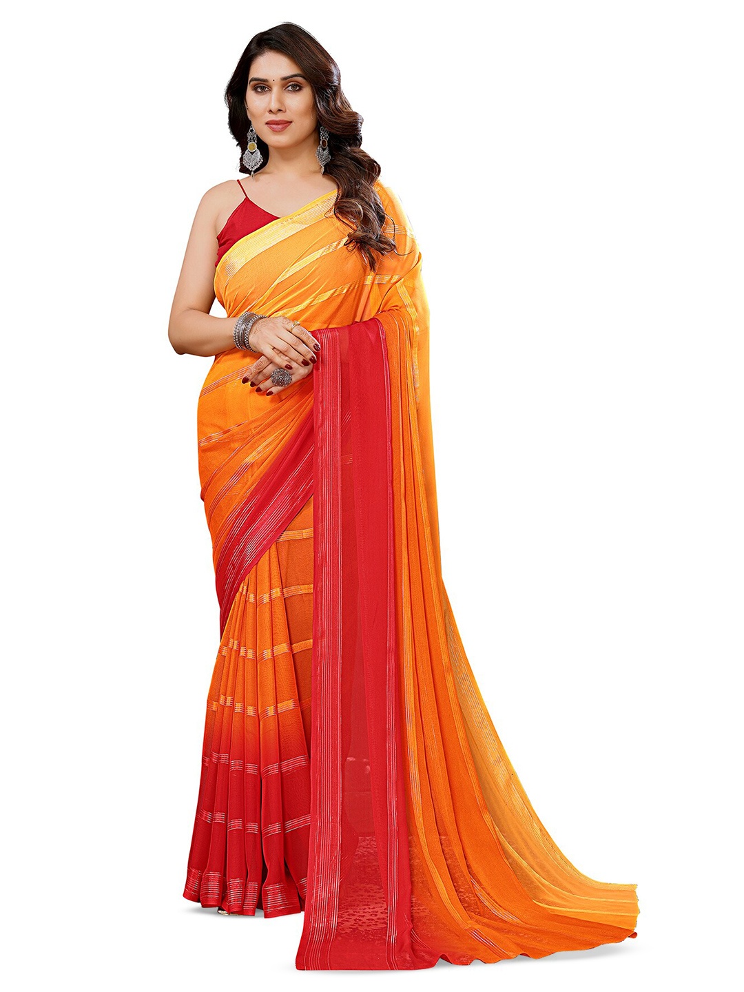 

Moda Rapido Striped Satin Saree, Red