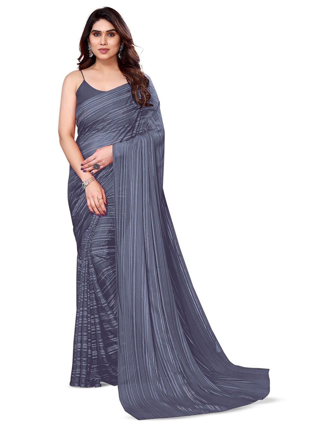 

Moda Rapido Striped Satin Saree, Grey