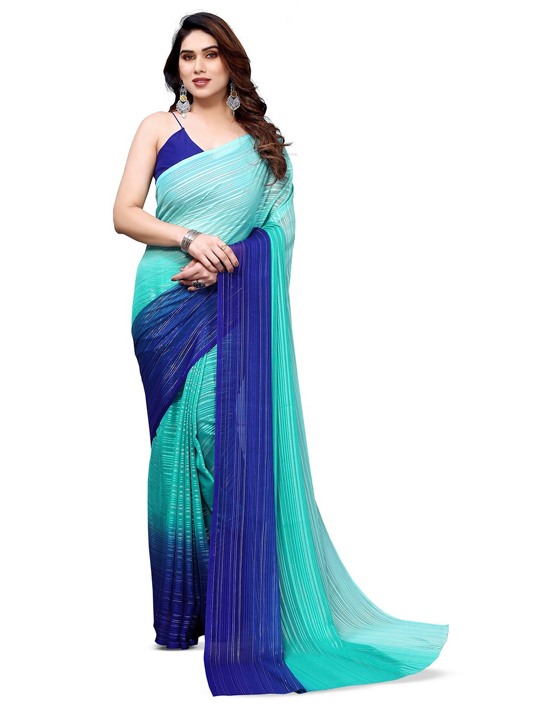 

Moda Rapido Striped Satin Saree, Blue
