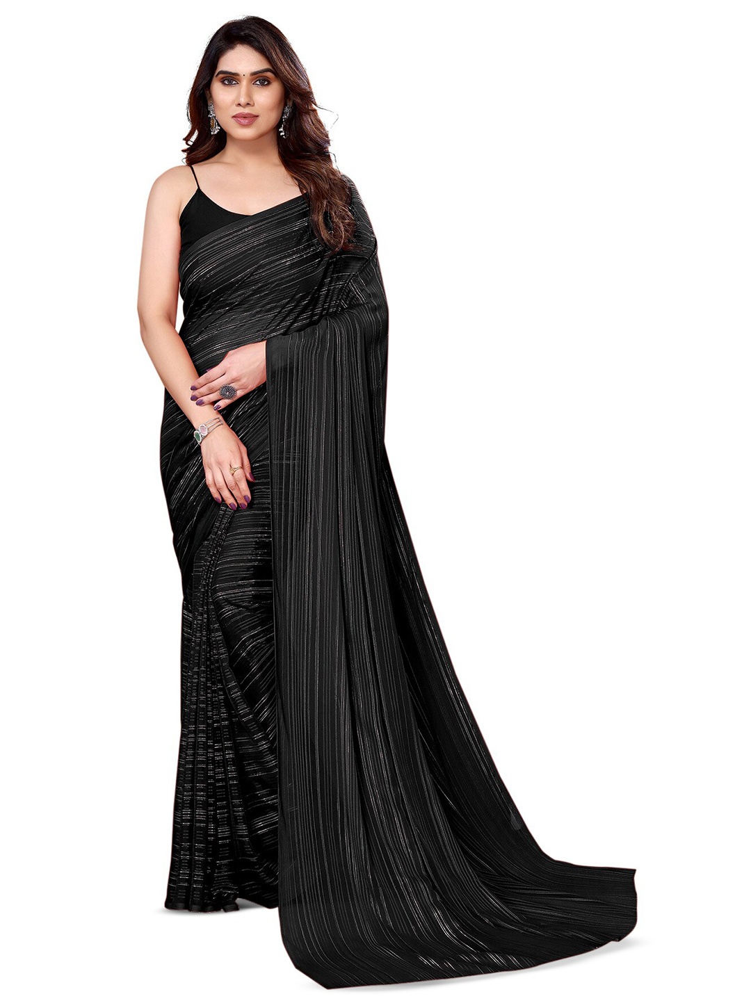 

Moda Rapido Striped Satin Saree, Black