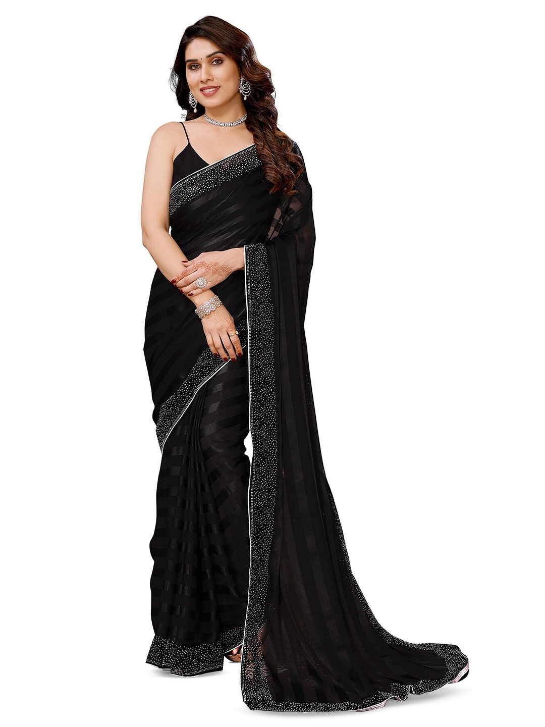 

ANAND SAREES Striped Beads and Stones Satin Saree, Black