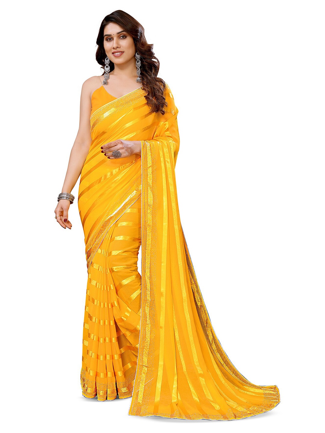 

ANAND SAREES Striped Satin Saree, Yellow