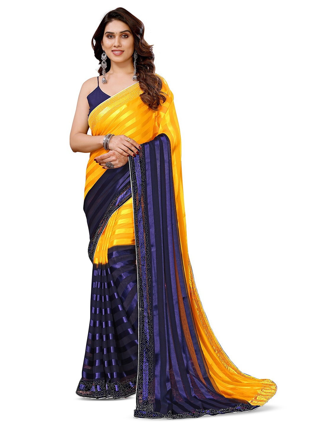 

ANAND SAREES Striped Sequinned Satin Saree, Yellow