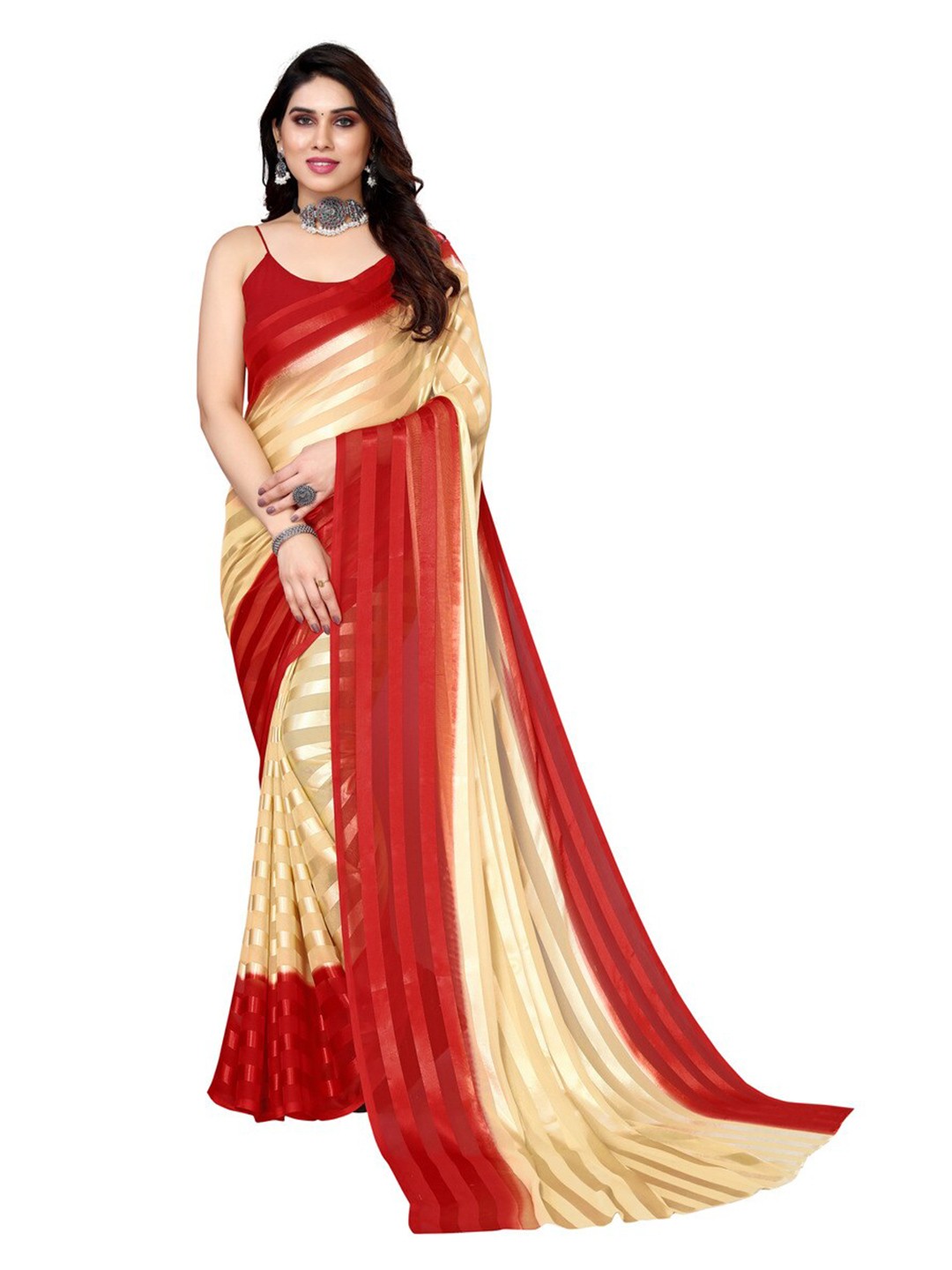 

ANAND SAREES Striped Satin Saree, Red