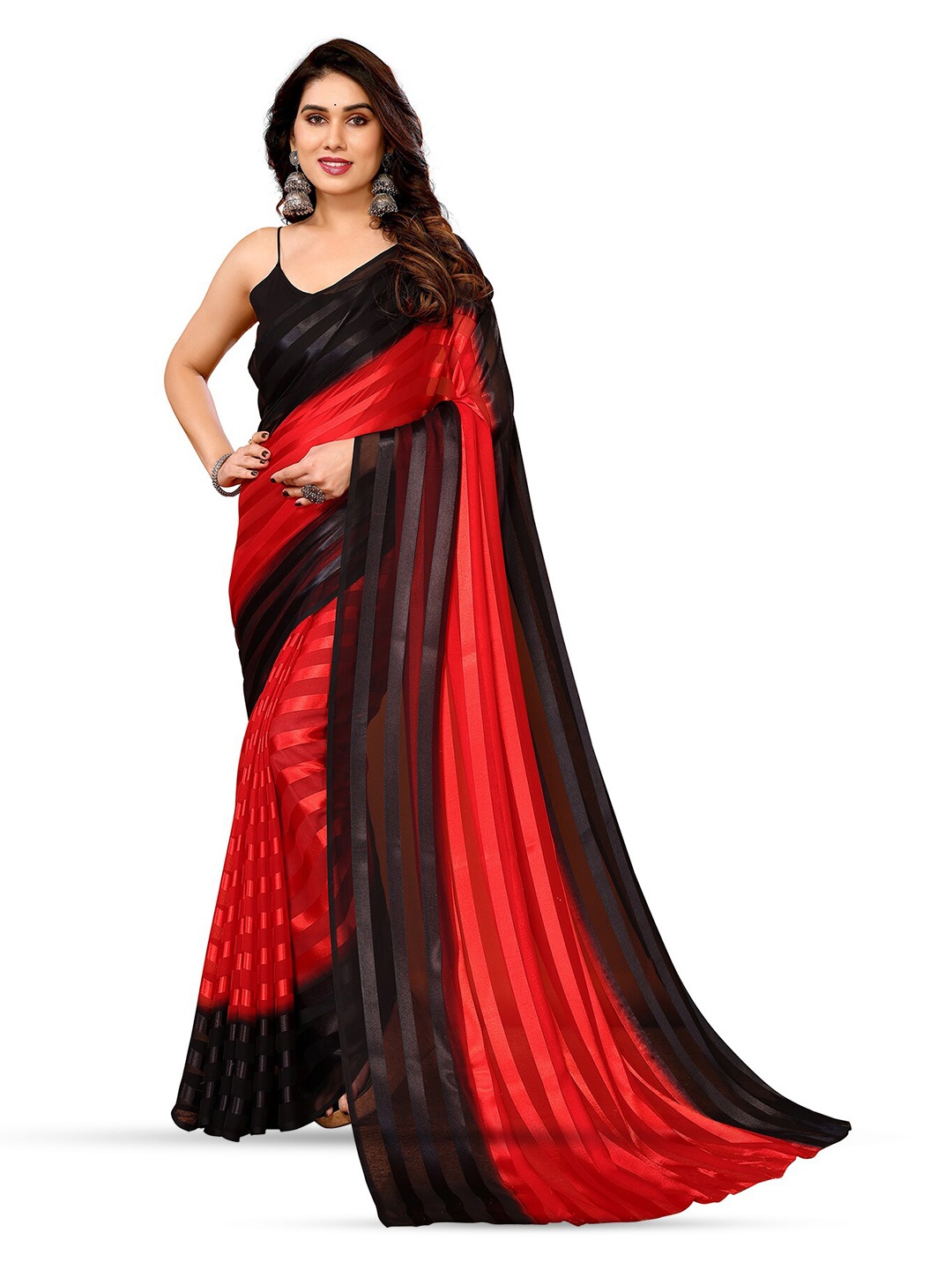 

Moda Rapido Striped Printed Satin Saree, Red